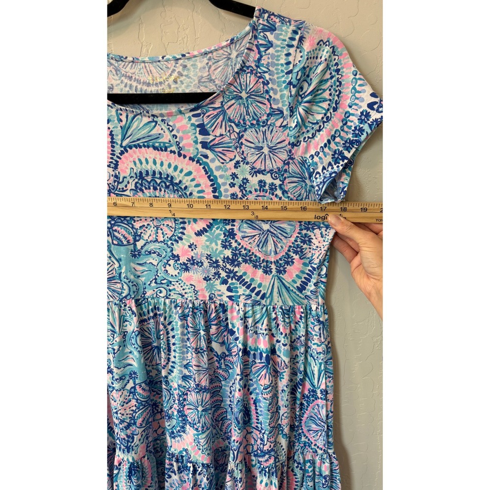 Lilly Pulitzer Geanna Tiered Cotton Shift Dress Blue Pink Shell Print Sz S - Picture 4 of 7